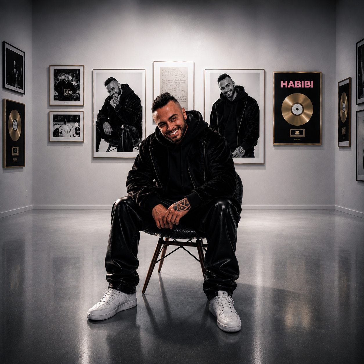 HABIBI seated in a cinematic music award gallery surrounded by portraits and gold records