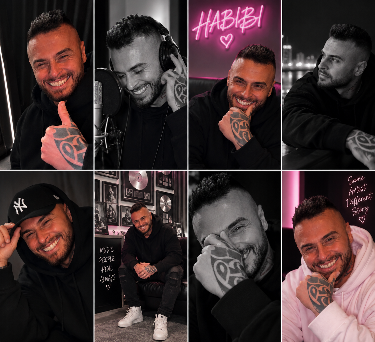 HABIBI artist gallery featuring studio, portrait, black-and-white and baby-pink looks