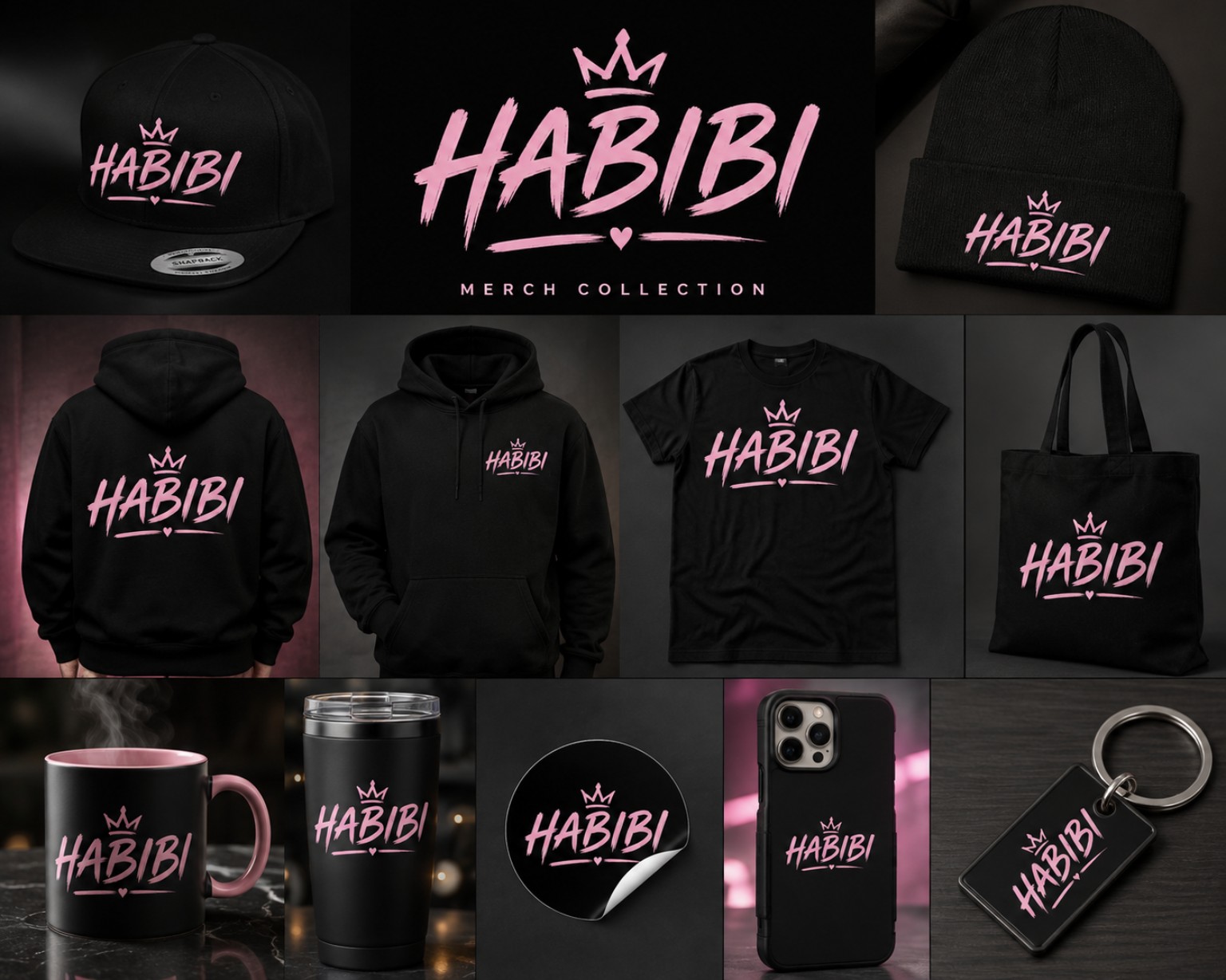 HABIBI merch collection including hats, hoodies, T-shirts, bags, mugs and accessories